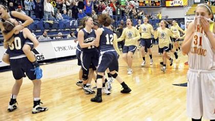 Vincentian teammates celebrate the Royals' victory against North Catholic in the WPIAL Class A girls championship at the Palumbo Center Saturday.