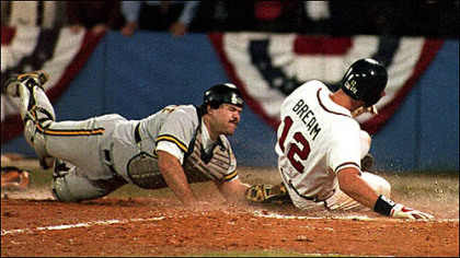 The play that started the Pirates' slide: The Braves' Sid Bream slides across the plate to win the National League Championship Series as Pirates catcher Mike LaValliere applies the late tag in the ninth inning on Oct. 14, 1992.