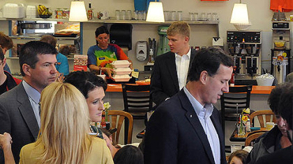 Former Pennsylvania Sen. Rick Santorum talks to the media after having  lunch at Bob's Diner, in Carnegie today.