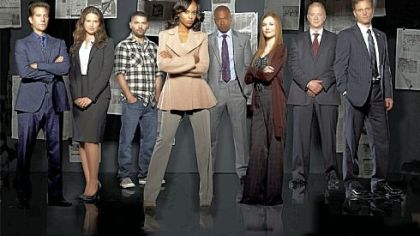 ABC's "Scandal" stars Henry Ian Cusick, left, Katie Lowes, Guillermo Diaz, Kerry Washington, Columbus Short, Darby Stanchfield, Jeff Perry and Tony Goldwyn.