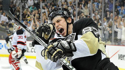 Sidney Crosby celebrates after scoring a goal  against the New Jersey Devils at Consol Energy Center.