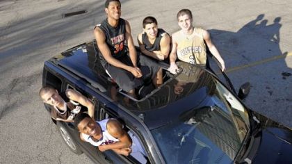 From left, Micah Mason (Highlands), Geno Thorpe (Shaler), Sheldon Jeter (Beaver Falls), Nolan Cressler (Plum) and Nate Snodgrass (Butler) are packed and ready to head off to Division I college programs.