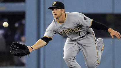 Pirates left fielder Alex Presley makes a catch on a ball hit by Los Angeles Dodgers' Andre Ethier.
