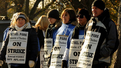 Bethel Park teachers on strike in 2010 at Independence Middle School. They still do not have a contract, and budget cuts are hampering negotiations.