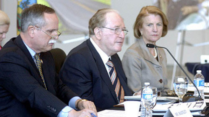 Sen. Jay Rockefeller, D-W.Va., center, speaks Wednesday at a hearing of the U.S. Senate Committee on Commerce, Science and Transportation in Fairmont, W.Va.  With him are Reps. Shelley Moore Capito (right) and David McKinley, both Republicans from West Virginia.