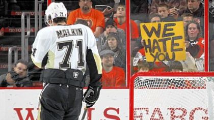Evgeni Malkin skates by as Flyers fans let their opinions be known at a game in February at the Wells Fargo Center in Philadelphia.