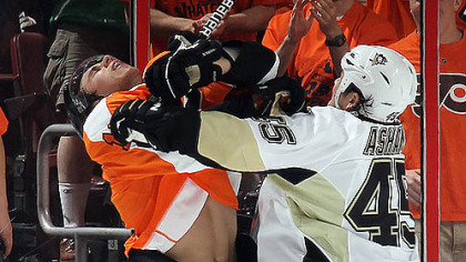 Arron Asham got a match penalty for high sticking Brayden Schenn of the Philadelphia Flyers on Sunday.