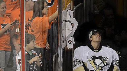 Penguins goalie Marc-Andre Fleury watches after being replaced by backup Brent Johnson in the third period Sunday against the Flyers at Wells Fargo Center in Philadelphia.