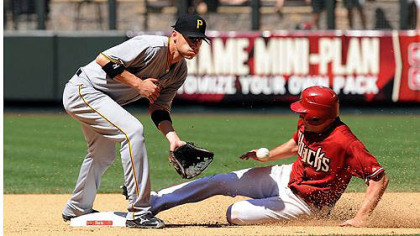 Clint Barmes  waits for the throw from home plate as AJ Pollock of the Arizona Diamondbacks slides into second base at Chase Field in Phoenix, Arizona.
