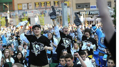 Penguin fans gather outside Consol Energy Center for Game 5 of the series against the Flyers Friday night.