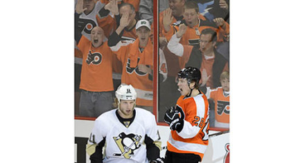 The Flyers' Erik Gustaffson celebrates after scoring in the second period against the Penguins.