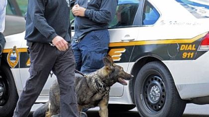 Police dogs leave the Western Pennsylvania School for Blind Children April 12 after they were used to investigate a bomb threat at the institution on North Bellefield Avenue in Pittsburgh's Oakland neighborhood. The school is near the Pitt campus, which has received several dozen threats.
