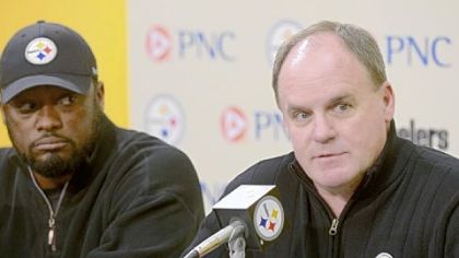 Steelers coach Mike Tomlin and general manager Kevin Colbert speak to the media during a pre-draft news conference Monday at the South Side training facility.