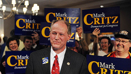 Mark Critz addresses supporters Tuesday at the Johnstown Holiday Inn after winning the Pennsylvania primary for the 12th Congressional District.
