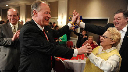 Mark Critz addresses supporters Tuesday at the Johnstown Holiday Inn after winning the Pennsylvania primary for the 12th Congressional District.