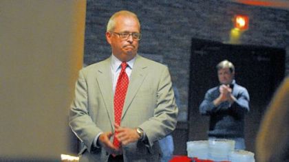 Mark Mustio thanks about 50 of his supporters at the Montour Country Club Tuesday night.