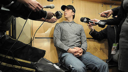 Penguins goaltender Marc Andre Fleury talks to the media Tuesday.
