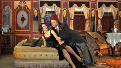 Konstanze, played by Lisette Oropesa, has been "given" to Osmin, Paolo Pecchioli, as a gift from the Pasha, but she rebuffs his advances, in the Pittsburgh Opera production of Mozart's "The Abduction From the Seraglio," set on the Orient Express luxury train.