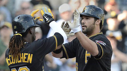 Garrett Jones, right, hit a two-run home run to help break open the second game in the fifth inning.