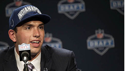 Stanford quarterback Andrew Luck speaks to reporters after he was selected as the first pick overall by the Indianapolis Colts in the first round of the NFL football draft.