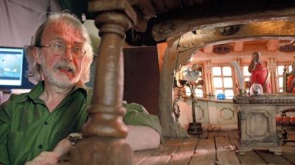 Director Peter Lord with the Pirate Captain's cabin on the set of "The Pirates! Band of Misfits."