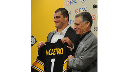 Steelers top draft pick David DeCastro is introduced by team president Art Rooney II at Steelers headquarters on the South Side.