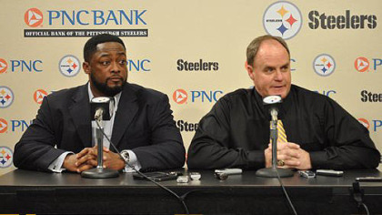 Steelers head coach Mike Tomlin and General Manager Kevin Colbert address the media at team's South Side headquarters Thursday night after selecting Stanford guard David DeCastro in the first round of the 2012 NFL Draft.
