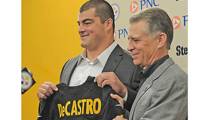 Steelers No. 1 draft pick Stanford guard David DeCastro is introduced by team President Art Rooney II Friday at Steelers headquarters on the South Side.
