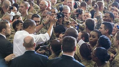 President Barack Obama greets troops during a visit to Bagram Air Field on Tuesday in Afghanistan.