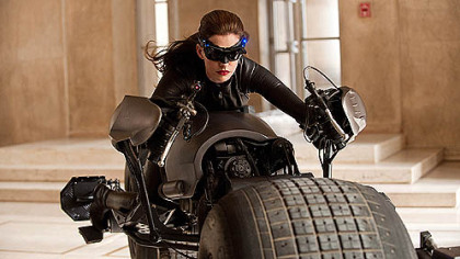 Anne Hathaway tools around Gotham (aka Pittsburgh) as Catwoman in "The Dark Knight Rises."