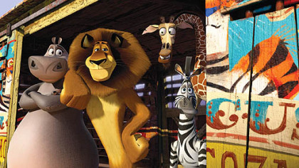 (Left to right) Gloria the Hippo (Jada Pinkett Smith), Alex the Lion (Ben Stiller), Melman the Giraffe (David Schwimmer) and Marty the Zebra (Chris Rock) are the voices in "Madagascar 3: Europe's Most Wanted," which opens June 8.