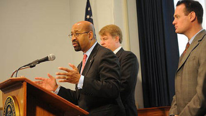 Philadelphia Mayor Michael Nutter, center, attends a press conference with County Executive Rich Fitzgerald and Pittsburgh Mayor Luke Ravenstahl to address critical issues in the Commonwealth.