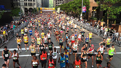 The Pittsburgh Marathon begins and the runners get going.