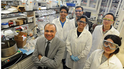 Duquesne University professor of medicinal pharmacy Aleem Gangjee, left, with graduate students who work with him in his research --Rishabh Mohan, left, Roheeth Kumar Pavana, Shruti Choudhary, Weigno Xiang and Si Yang.