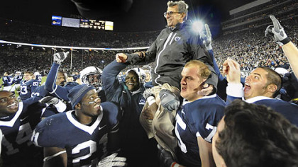 Joe Paterno gets carried off the field after getting his 400th win against Northwestern at Beaver Stadium on November 6, 2010.