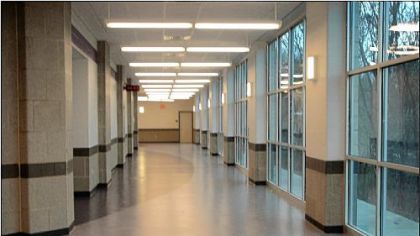 A light-filled hallway in the renovated Baldwin High School.