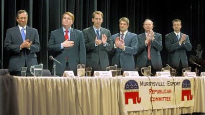 Republican candidates for U.S. Senate, left to right, Sam Rohrer, Marc Scaringi, Steve Welch, Tim Burns, Tom Smith, and John Kensinger, attend a forum held at Franklin Regional Middle School in Murrysville Friday night.