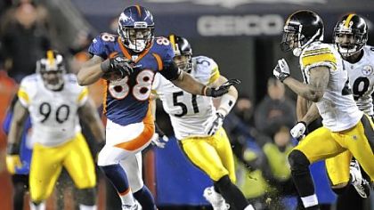 Broncos receiver Demaryius Thomas scores the winning touchdown on an 80-yard pass on the first play in overtime.