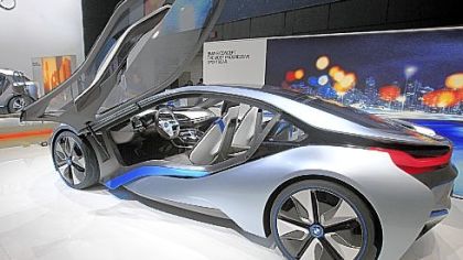 The BMW i8 concept car, a Tron-looking two-seater on display in "Mission: Impossible == Ghost Protocol," at the 2012 North American Car show in Detroit.