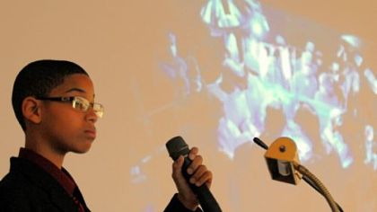Gregory Talbert, 12, a seventh-grader at Allegheny Traditional Academy, does his final presentation for the Gateway Medical Society medical mentoring program for youths. The seventh- and eighth-grade speakers discussed subjects that included the dangers of steroids.