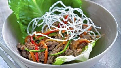 Rainbow Beef in Lettuce Cups can be made with ground chicken, too.