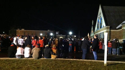 Scene outside vigil at St. Mary's Church in Chardon, Ohio.