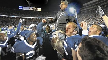 Joe Paterno is carried from the field in Beaver Stadium after his 400th victory last fall. Will the stadium be renamed in his honor?
