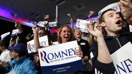 Supporters of Republican presidential candidate former Massachusetts Gov. Mitt Romney celebrate as it was declared that he was the winner of the New Hampshire primary.