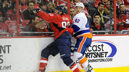 Dylan Reese, #42, the Islanders defenseman from Upper St. Clair, still is working to establish himself as an NHL defenseman.