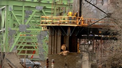 Work continues on a bridge on McArdle Roadway on the South Side. The weather has allowed outdoor construction to continue throughout the winter.