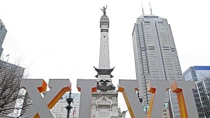 Roman numerals for Super bowl XLVI frame the Soldiers and Sailors Monument at Monument Circle in downtown Indianapolis.
