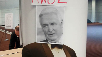 Members of the We Are One coalition, which said it got no response to an invitation it sent to Gov. Tom Corbett to attend today's hearing on transit cuts, posted this likeness outside the hearing.