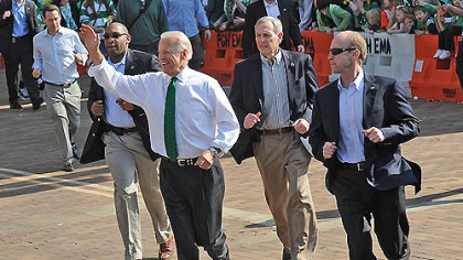 Vice President Joe Biden works the St. Patrick's Day crowd, as well as his Secret Service contingent.