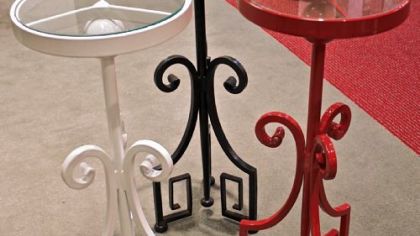 Metal base, glass top tables by Arcanum Studio
